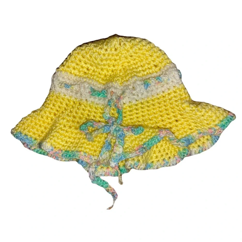 Bucket Hat Children Girls Yellow‎ Pastel Bow Handmade Crochet Hat NEW